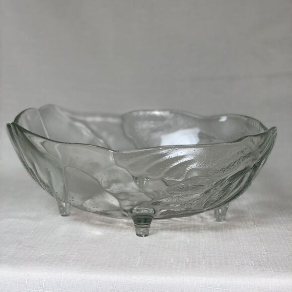 Vintage Glass Punch Bowl Clear Glass Fruit Footed Oblong Poppy Flowers Servwear - Picture 2 of 9